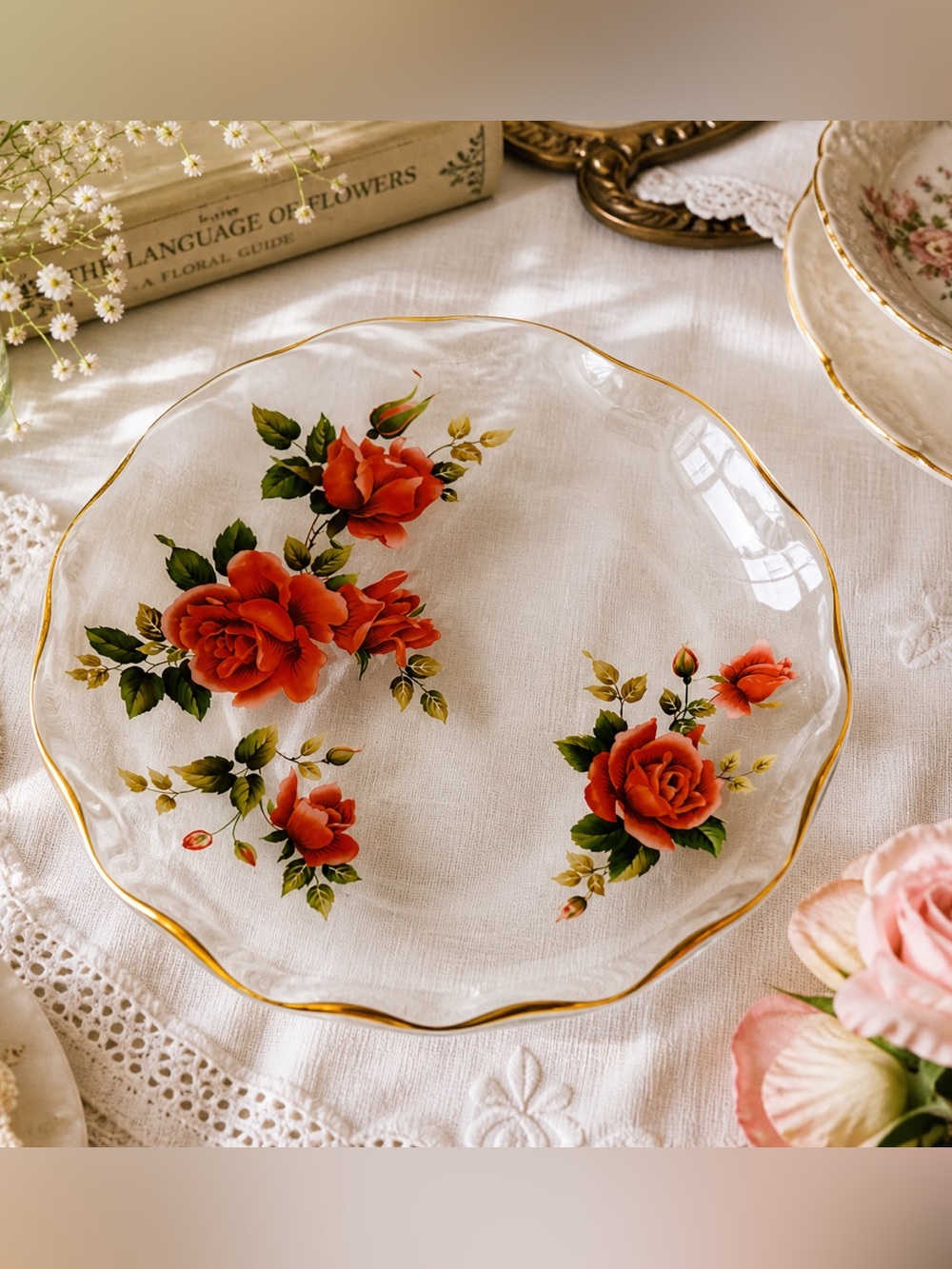 Vintage Chance Glass Rose Plate Gold Rim Floral England 8.25”